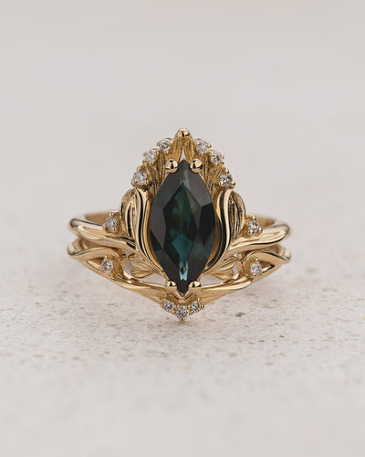 Floral Bridal Set with Marquise Teal Color-Changing Sapphire / Iris - Eden Garden Jewelry™