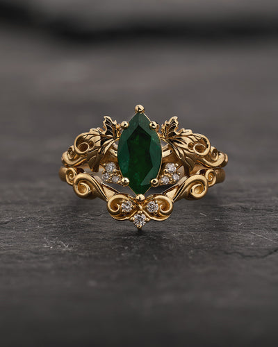 Natural Emerald Bridal Set with Matching Wedding Band / Vineyard - Eden Garden Jewelry™