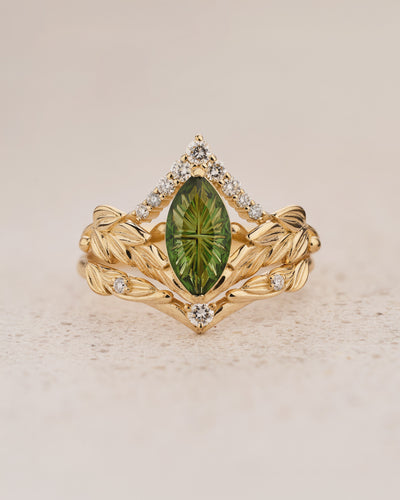 Leaf Bridal Set with Marquise Green Tourmaline / Palmira - Eden Garden Jewelry™