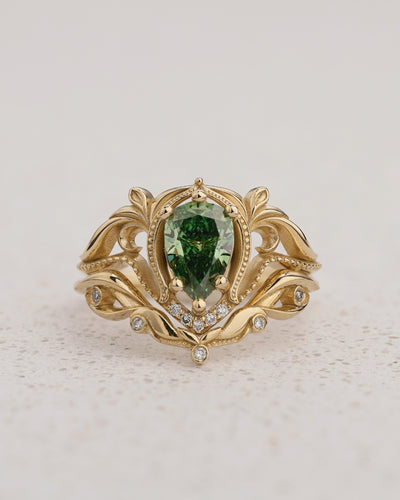 Art Nouveau Bridal Set with Pear-Cut Green Diamond / Lida - Eden Garden Jewelry™