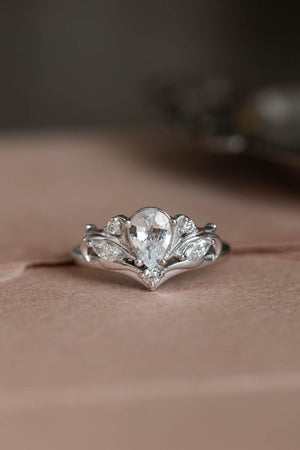 Pear cut white sapphire engagement ring, white gold fantasy ring with diamonds / Swanlake - Eden Garden Jewelry™