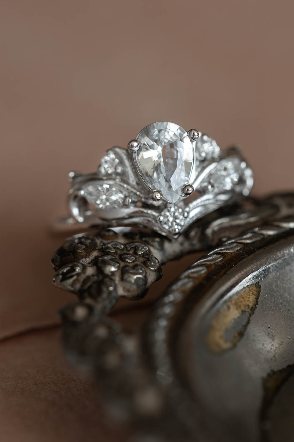 Pear White Sapphire Engagement Ring Baroque Style Ring 14K 18K