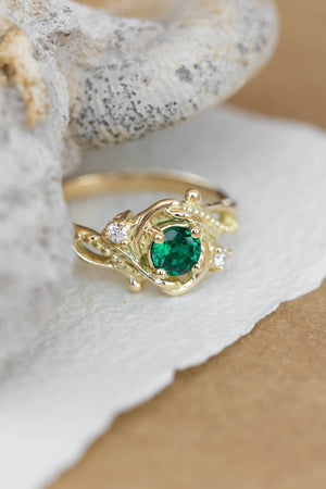 Lab emerald engagement ring, nature themed ring with accent diamonds  / Undina - Eden Garden Jewelry™