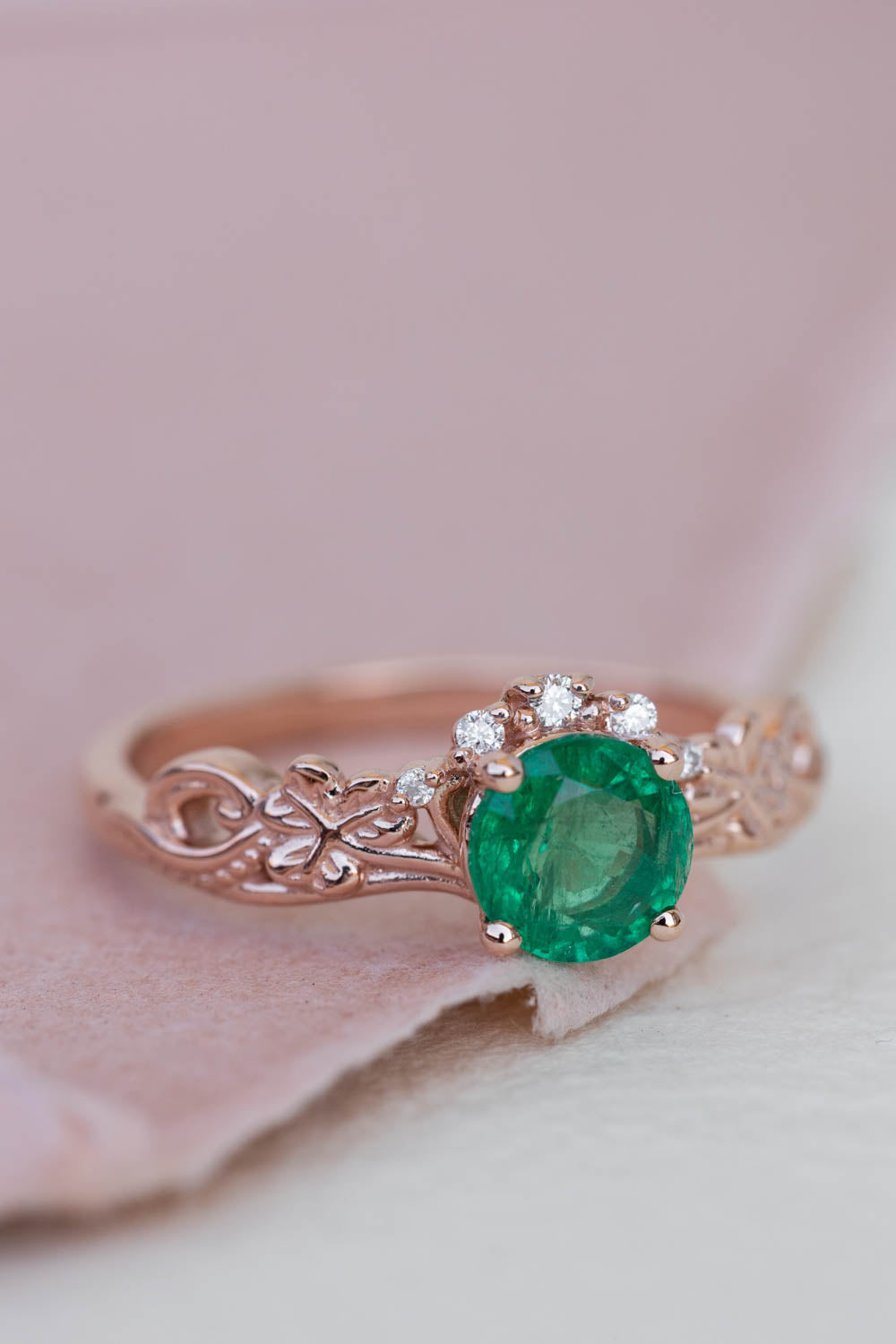 Round emerald rose gold engagement ring, clover leaves proposal ring