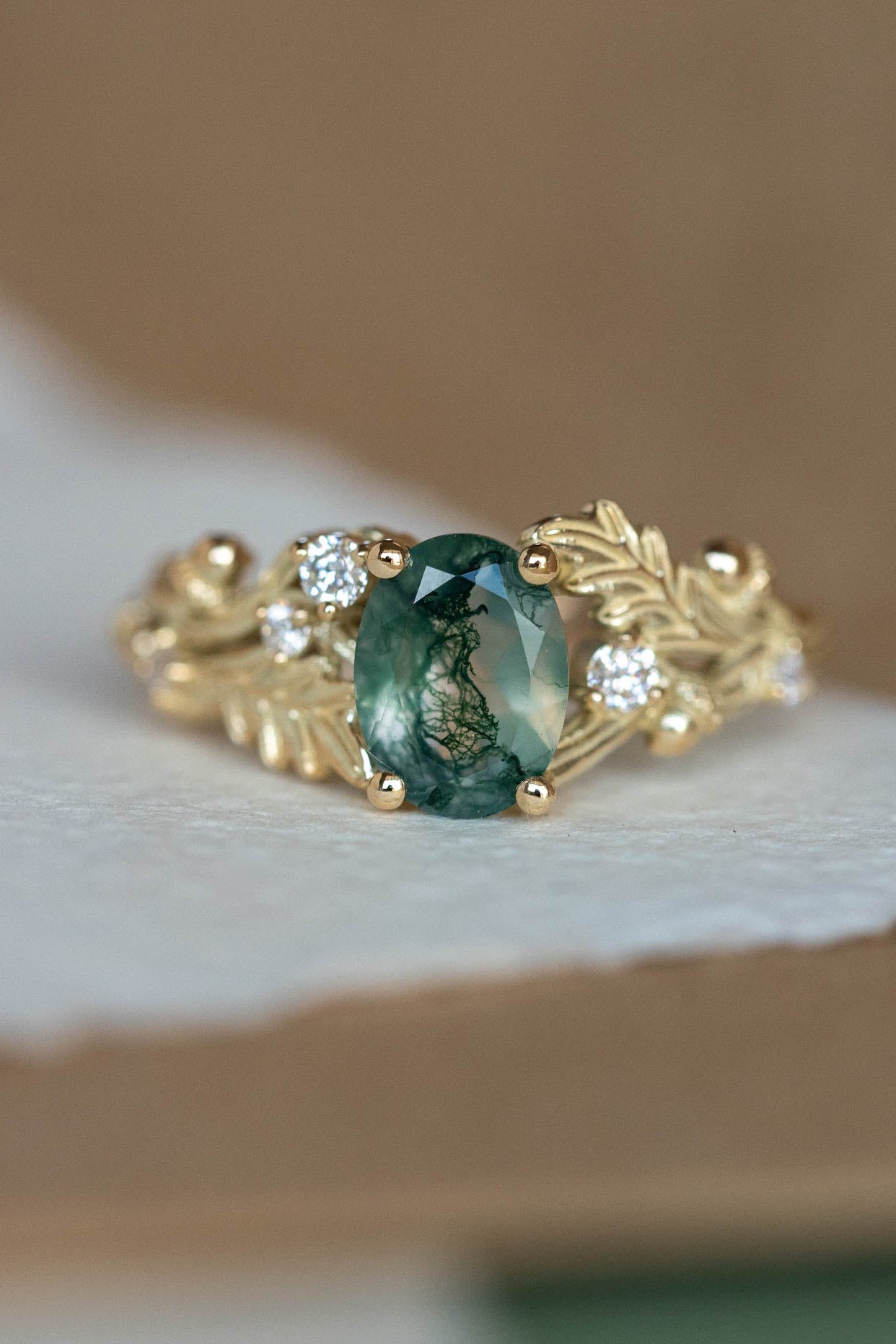 Moss agate engagement ring, gold oak leaves and diamonds proposal ring / Silviya - Eden Garden Jewelry™