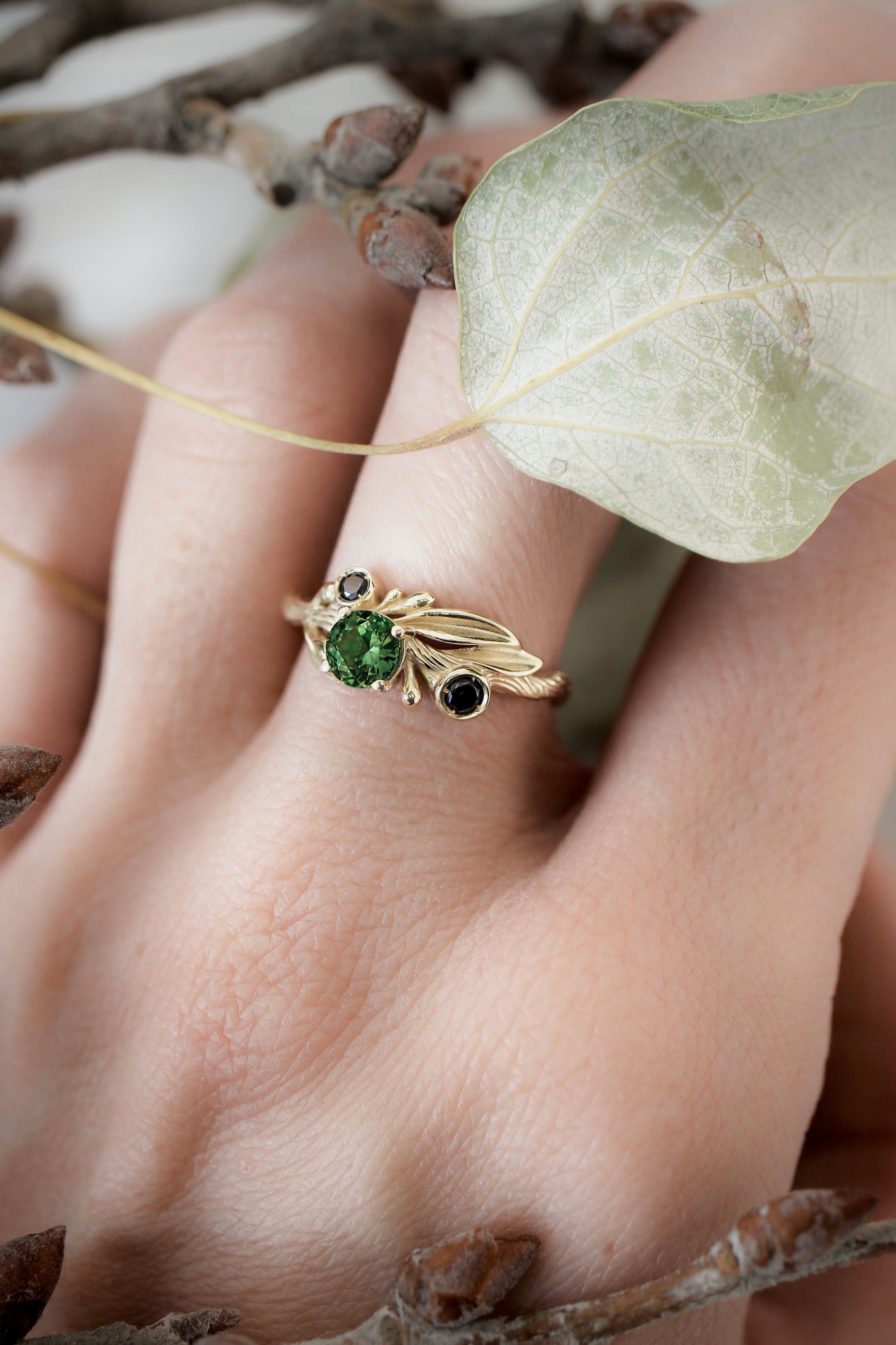 Olive branch ring, black diamond engagement ring, green tourmaline