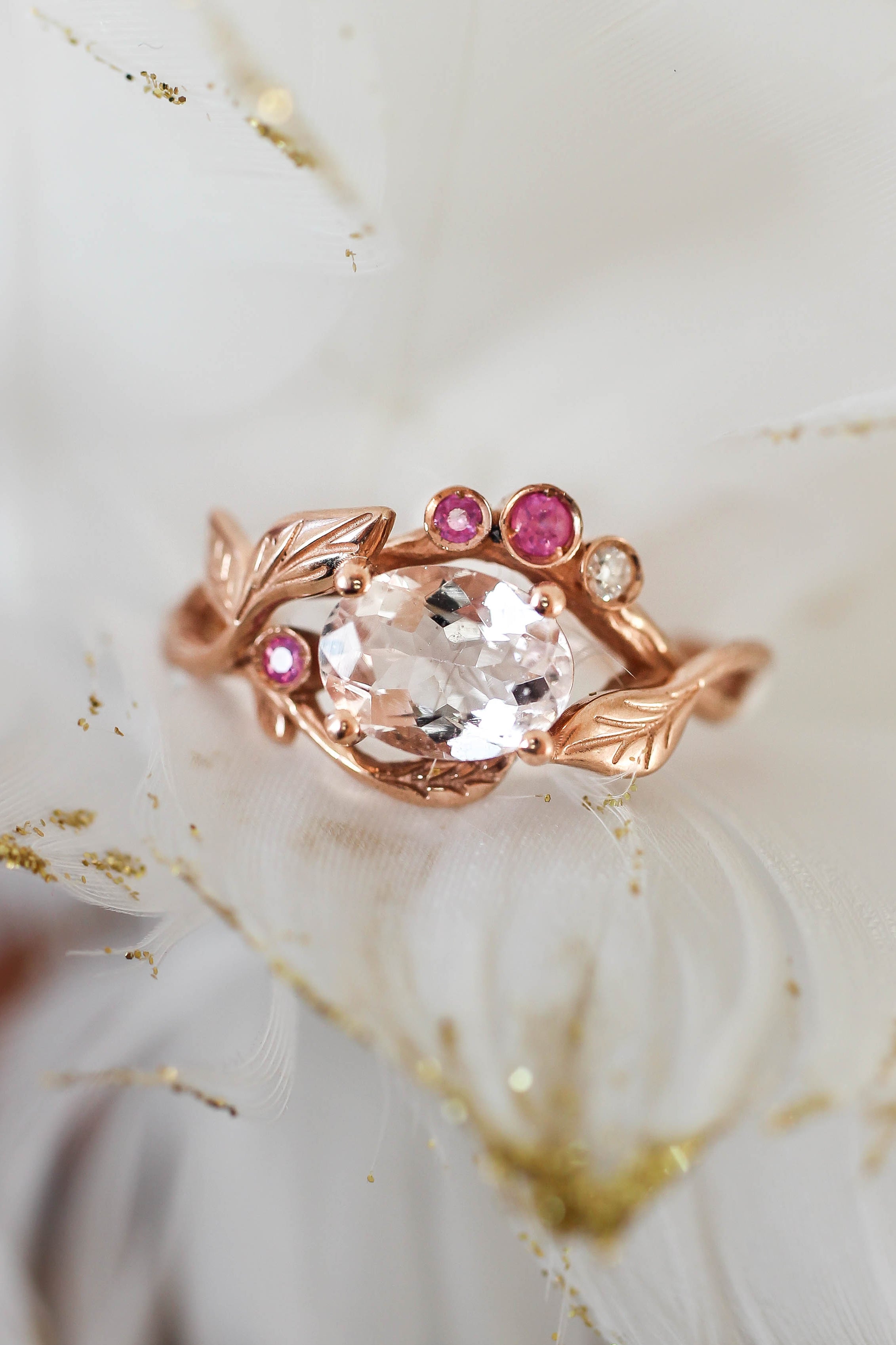 Oval morganite engagement ring, nature wedding band, pink sapphire