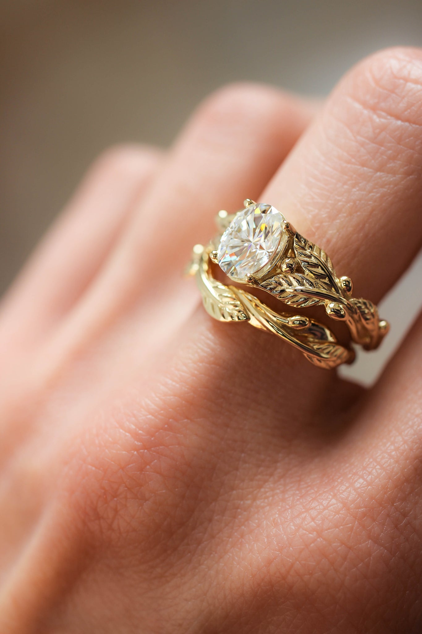 Lab grown diamond bridal ring set, nature inspired engagement and wedding rings / Cornus - Eden Garden Jewelry™