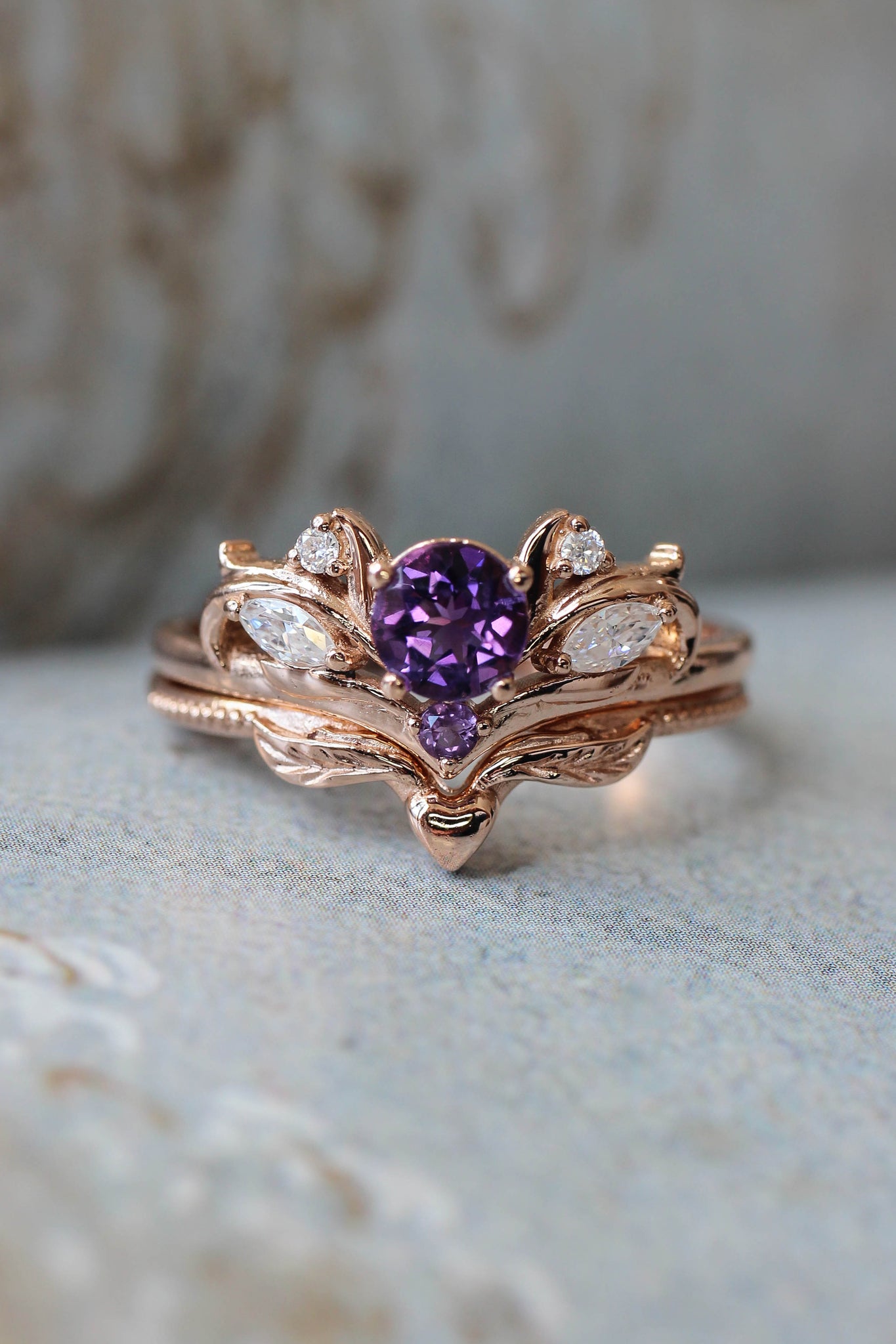 Bridal ring set with amethyst / Swanlake - Eden Garden Jewelry™