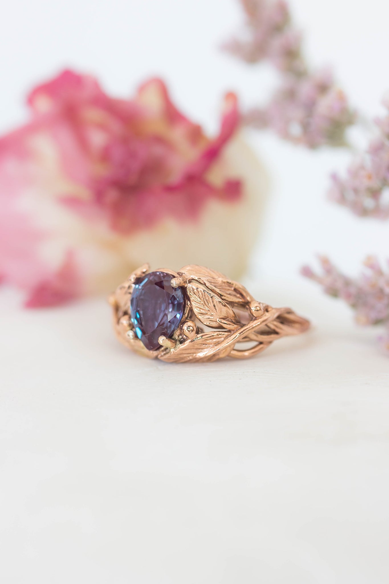 Pear cut Alexandrite engagement ring, leaves ring / Viola - Eden Garden Jewelry™