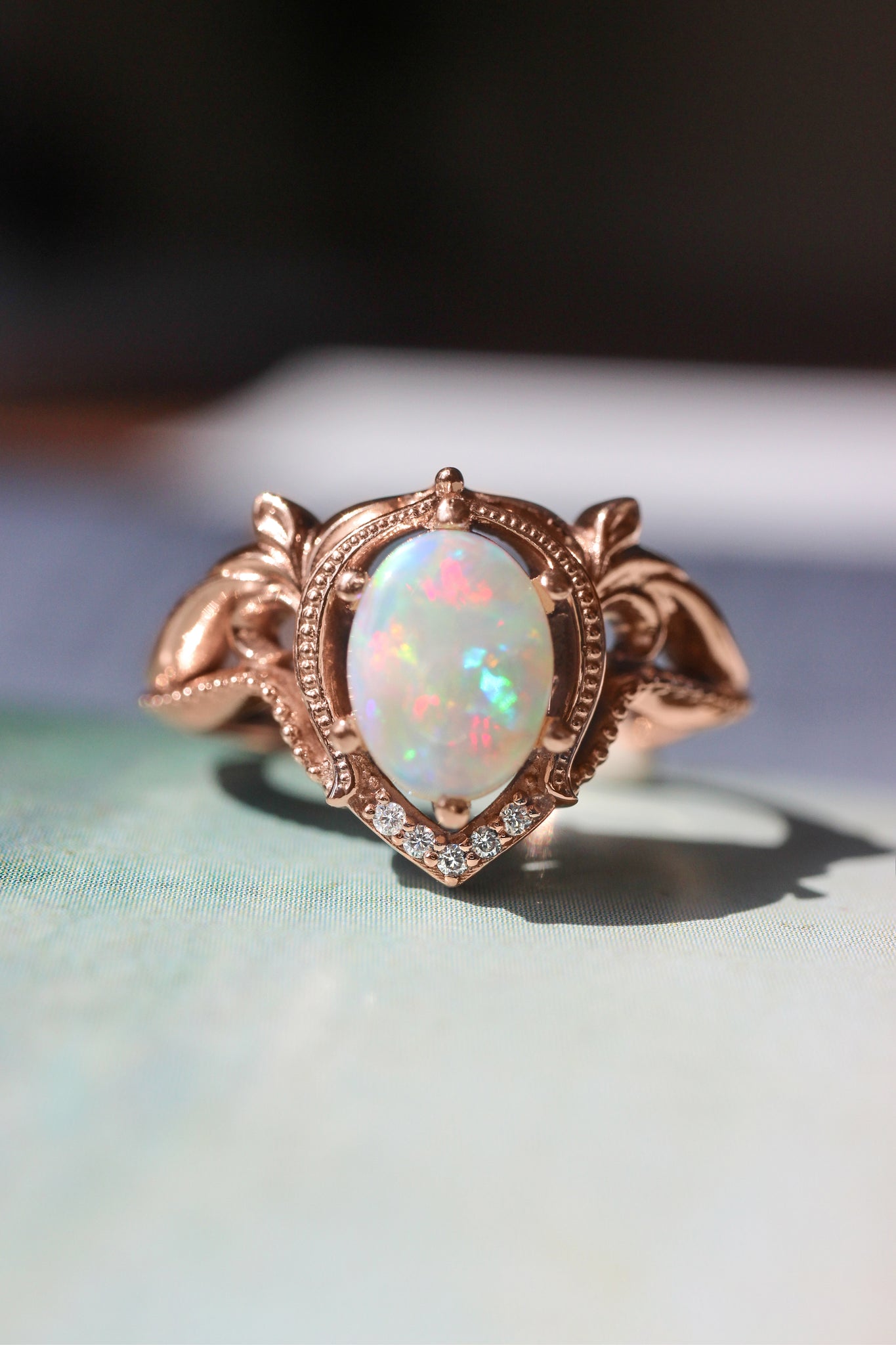 Opal and moissanites or diamonds engagement ring / Lida oval - Eden Garden Jewelry™