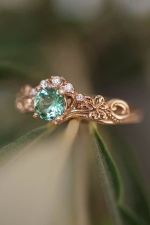 Mint green tourmaline bridal ring set with diamonds / Horta - Eden Garden Jewelry™