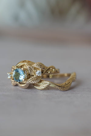 Leaves and vine bridal ring set with aquamarine / Azalea - Eden Garden Jewelry™