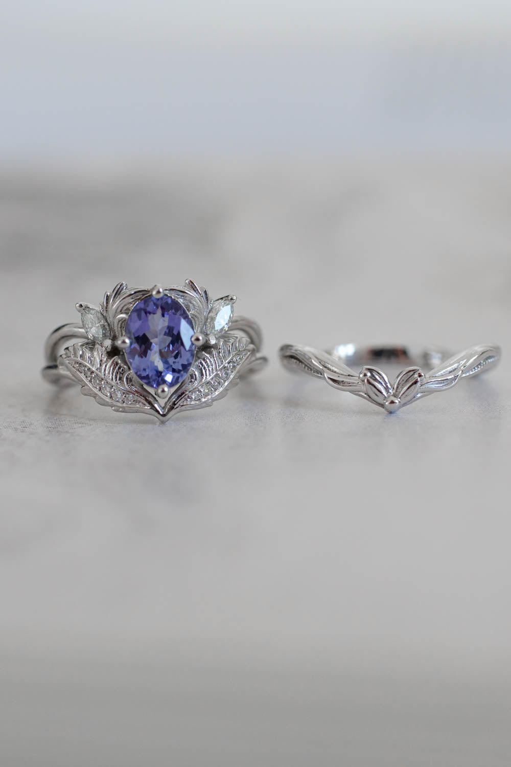 tanzanite white gold rings set , oval enagegement ring with blue gemstone