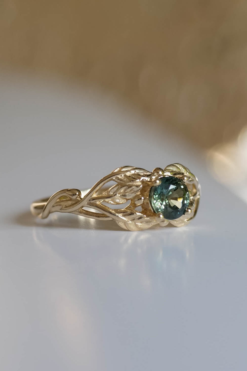 Green Sapphire Yellow Gold Engagement Ring Leaf Engagement Ring