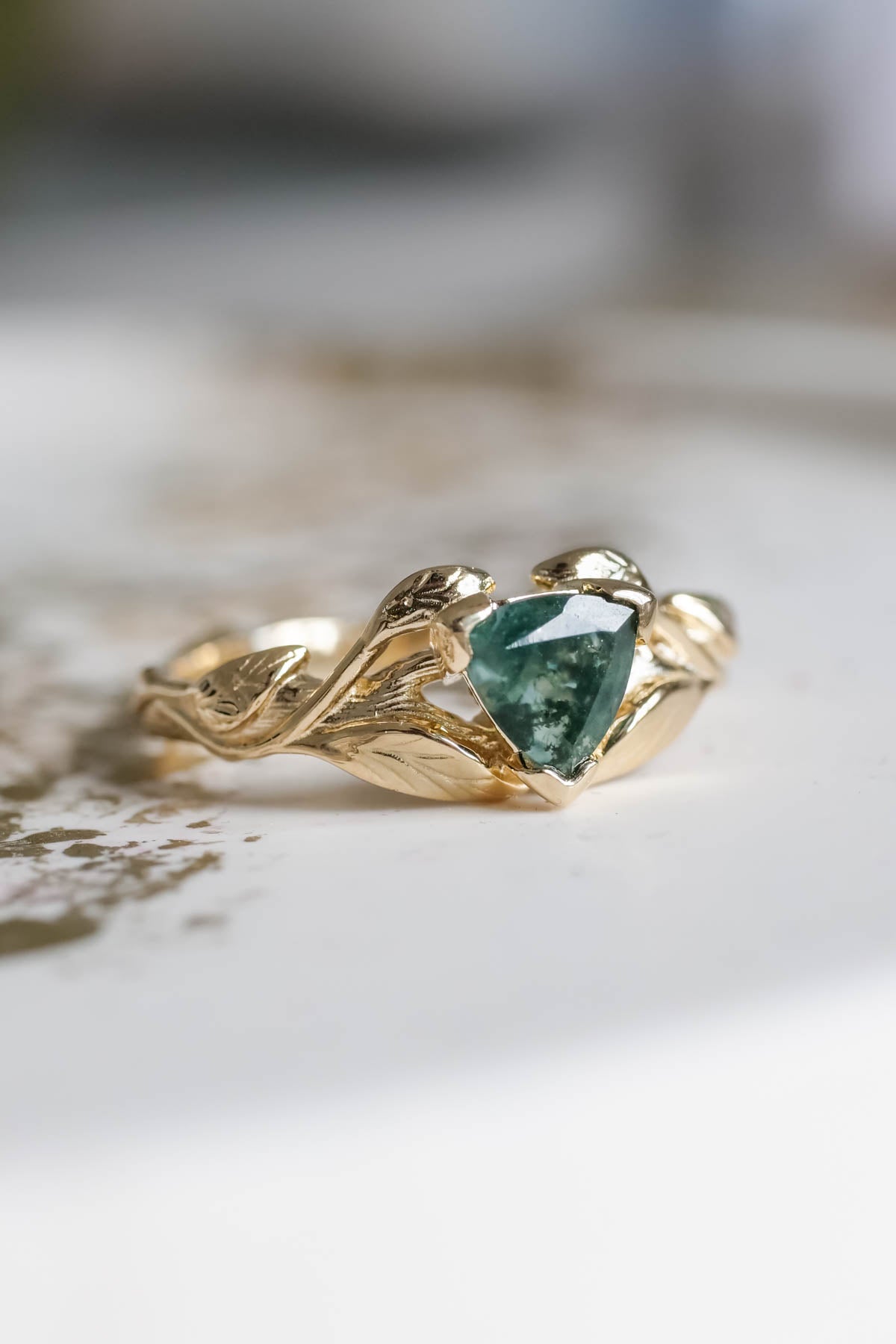 Moss agate engagement ring, trillion cut ring / Clematis - Eden Garden Jewelry™