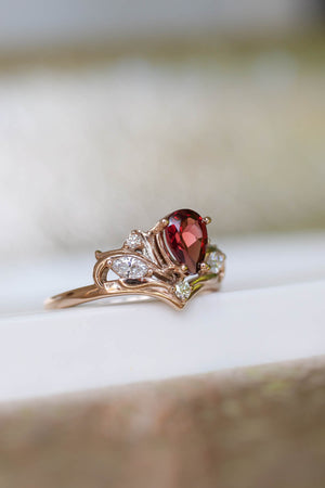 Pear shaped garnet engagement ring, alternative bridal ring set / Swanlake - Eden Garden Jewelry™