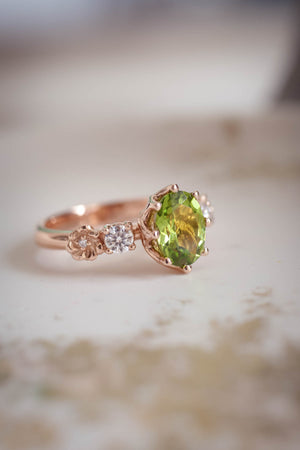 Peridot engagement ring, flower promise ring with diamonds / Fiorella - Eden Garden Jewelry™