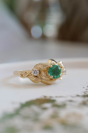 Emerald proposal ring, leaf twig ring with diamonds / Azalea - Eden Garden Jewelry™