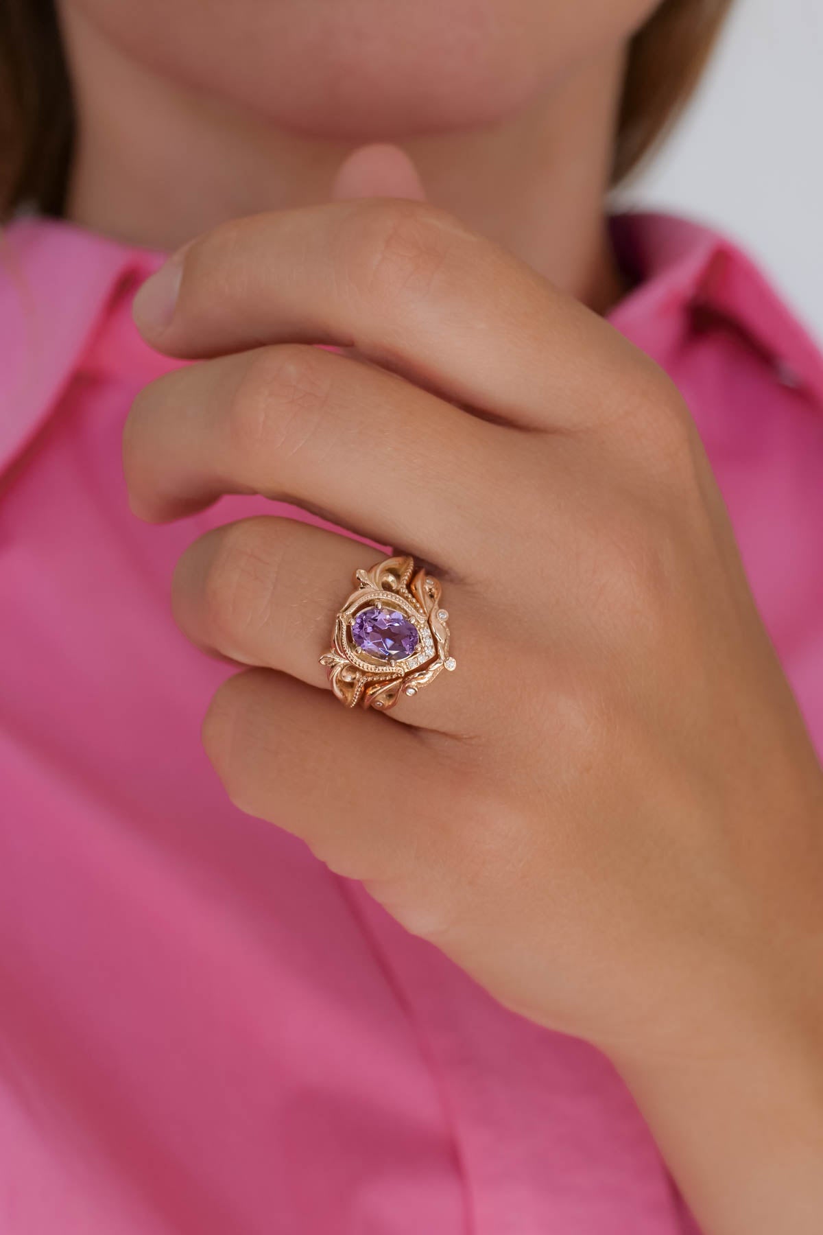 Diamond engagement ring with amethyst, unique promise ring / Lida - Eden Garden Jewelry™