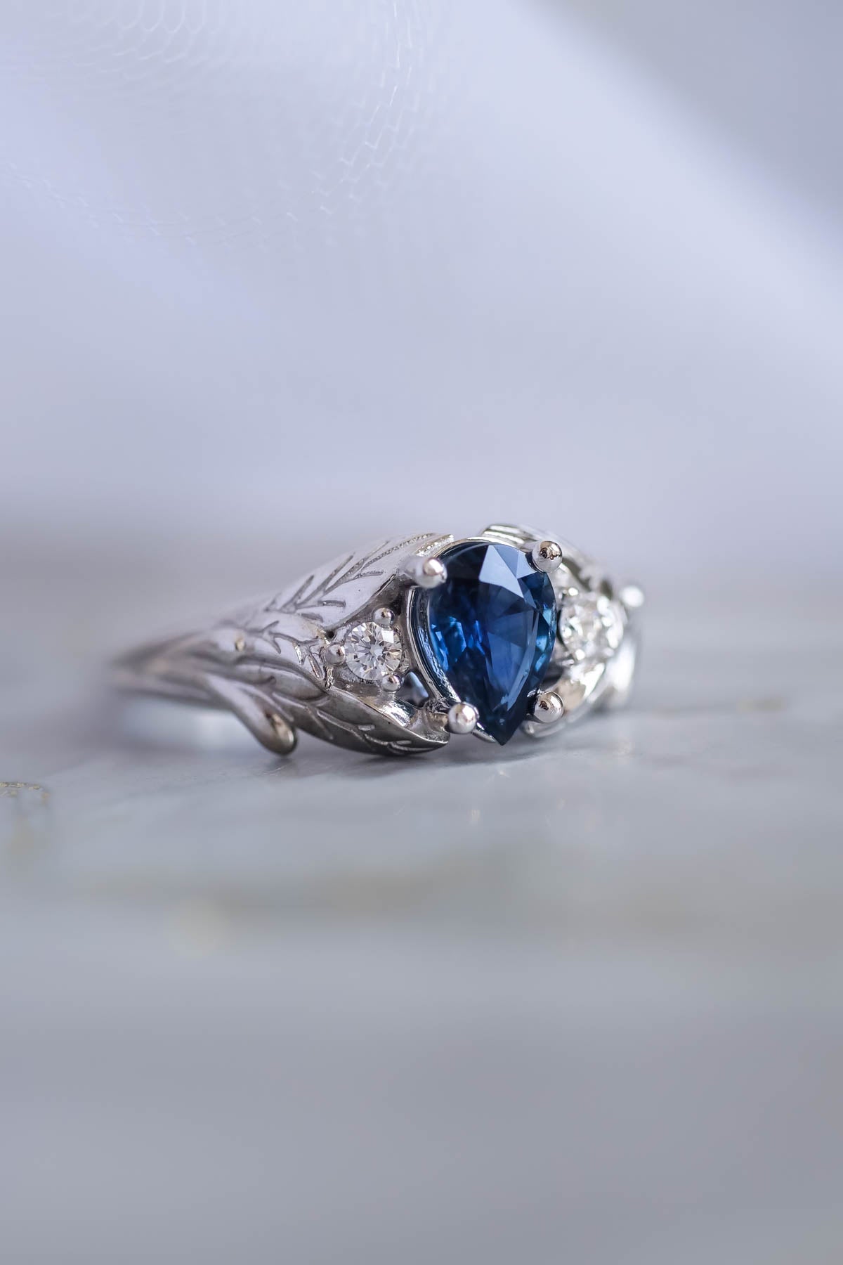 Royal Blue Sapphire Engagement Ring Unique Leaf Ring With