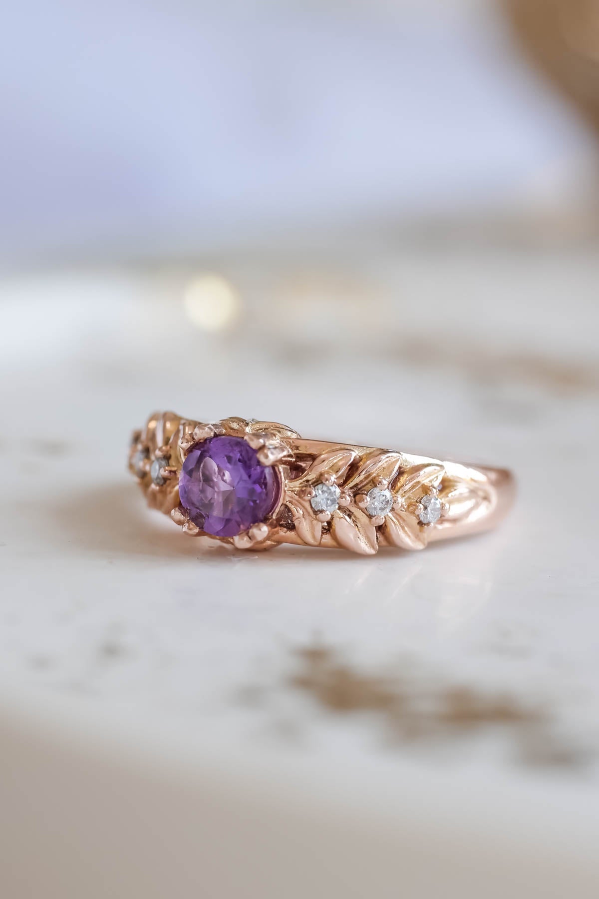 Amethyst leaf engagement ring with diamonds / Silvestra - Eden Garden Jewelry™
