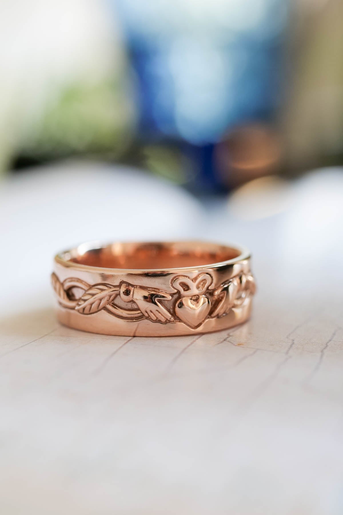 Gold Claddagh Ring for Men Celtic Wedding Band 14K Rose Gold