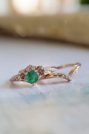 Natural emerald engagement ring set, nature inspired gold rings / Amelia - Eden Garden Jewelry™