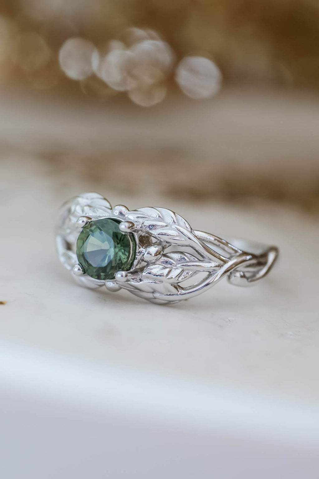 Natural green sapphire engagement ring, gold leaf ring / Tilia | Eden