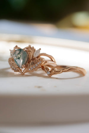 Natural moss agate bridal ring set, rose gold engagement rings with diamonds / Adonis - Eden Garden Jewelry™