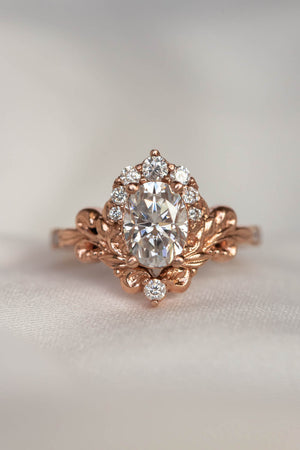 Oval moissanite and diamond halo engagement ring, gorgeous nature inspired rose gold ring with diamonds / Sophie - Eden Garden Jewelry™