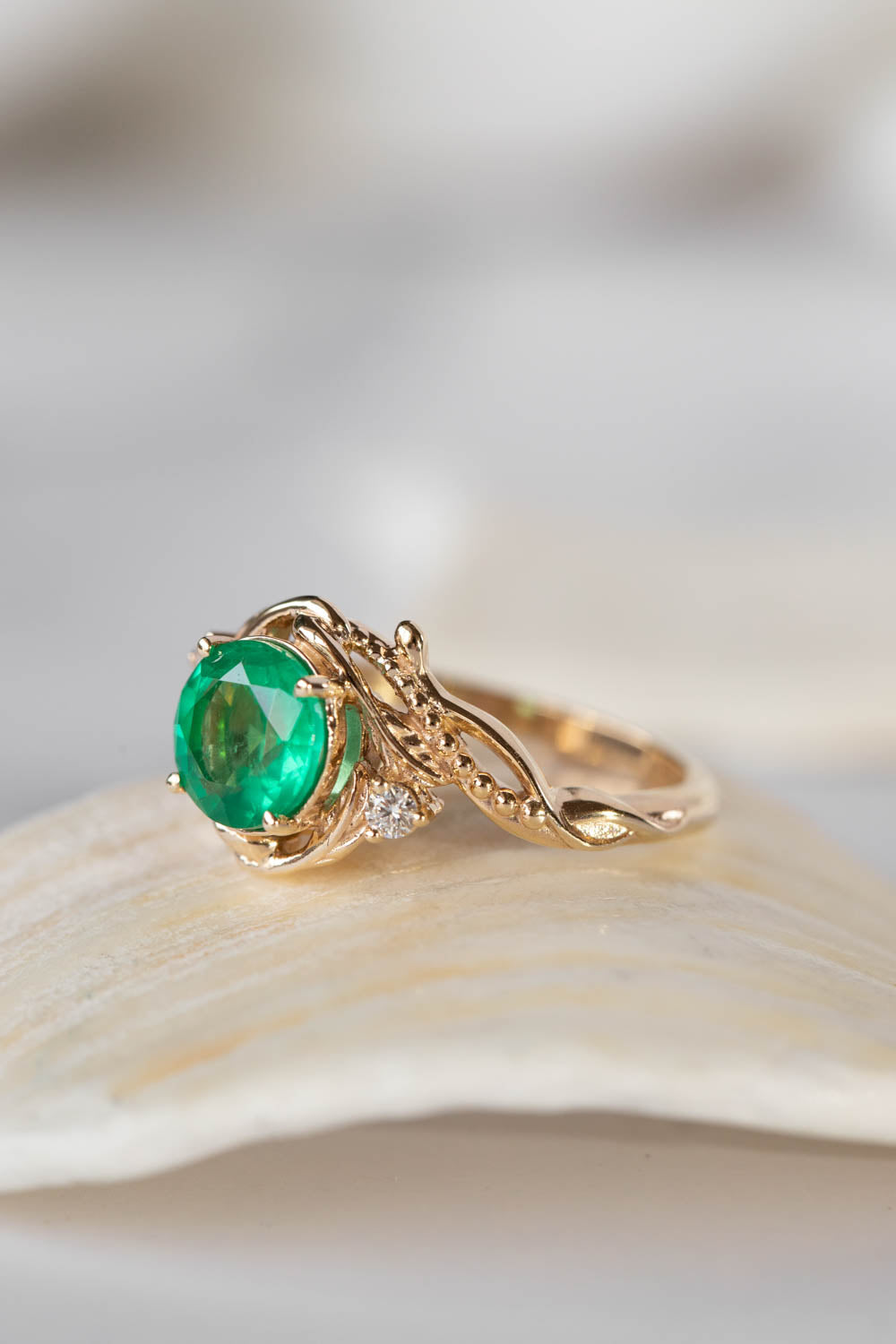 Natural Emerald Engagement Ring Gold Nature Inspired Ring 14K