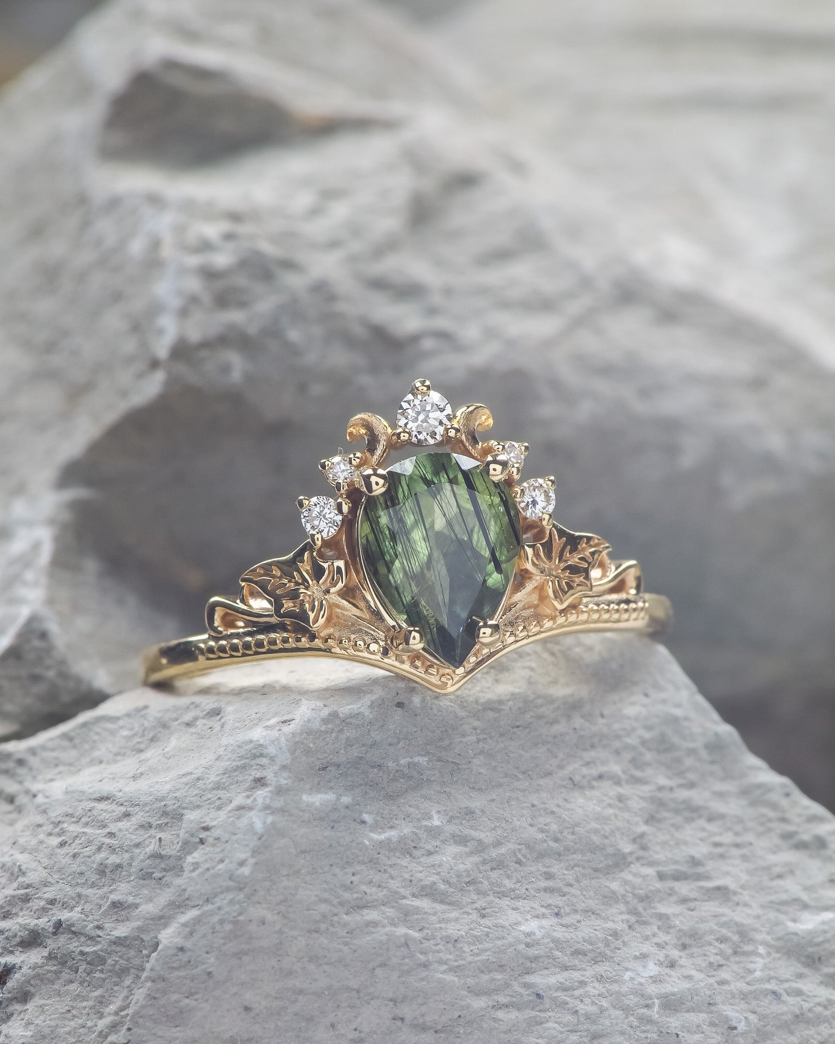 Alexandrite engagement ring in rose gold, leaf and vine gold rings