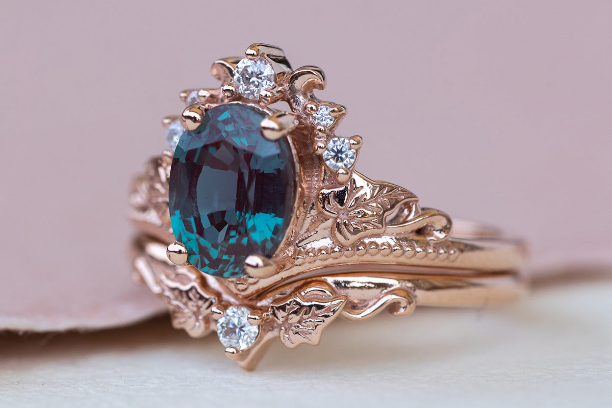 Alexandrite engagement ring in rose gold, leaf and vine gold rings
