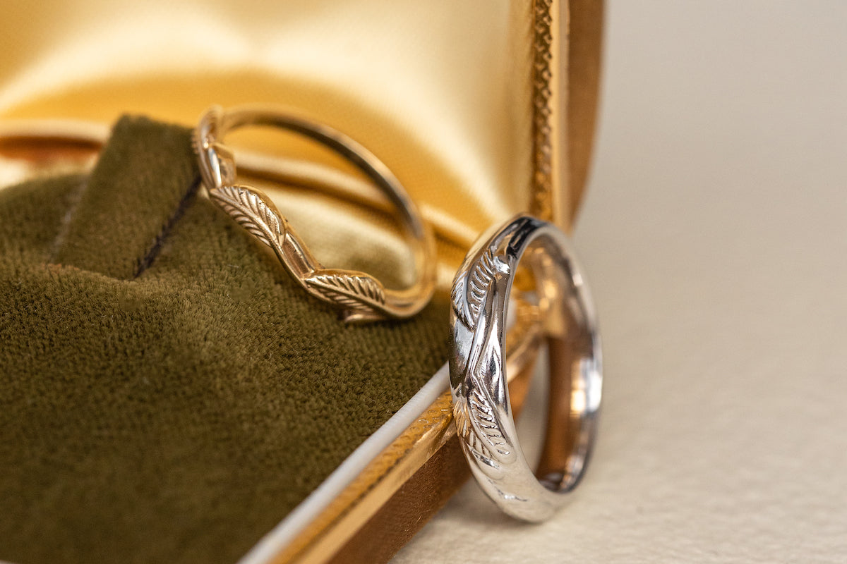 Unconventional wedding bands for couples, gold twig rings