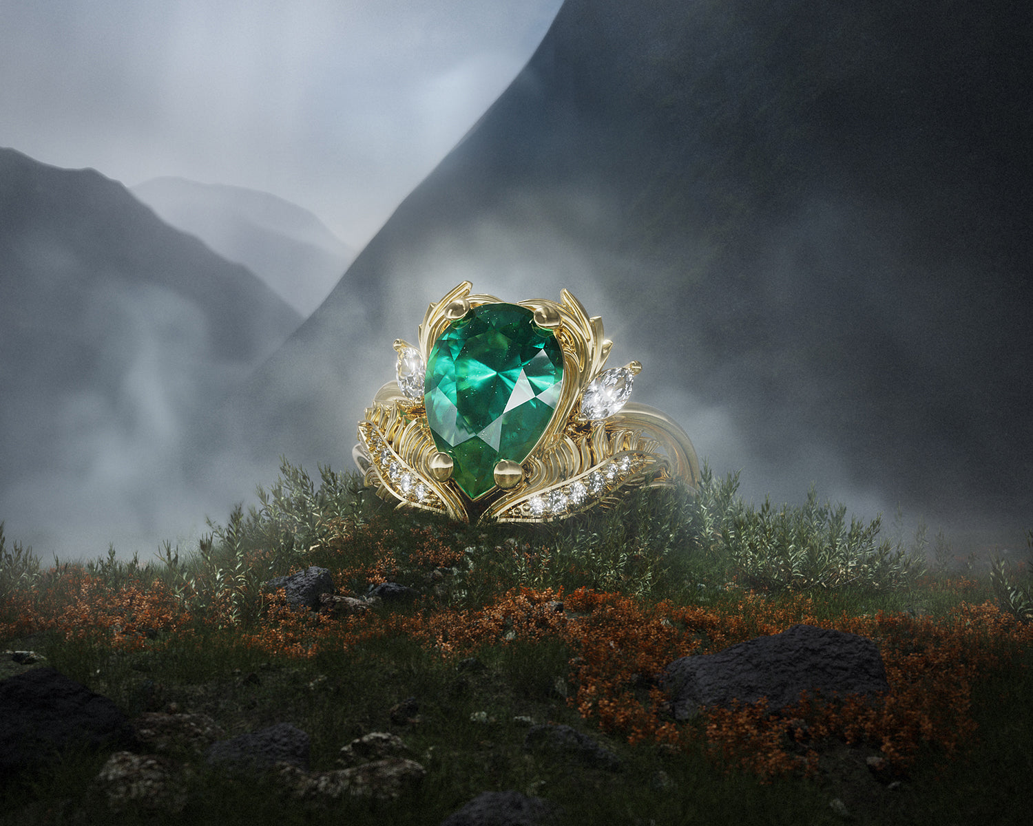 Emerald engagement ring nature inspired