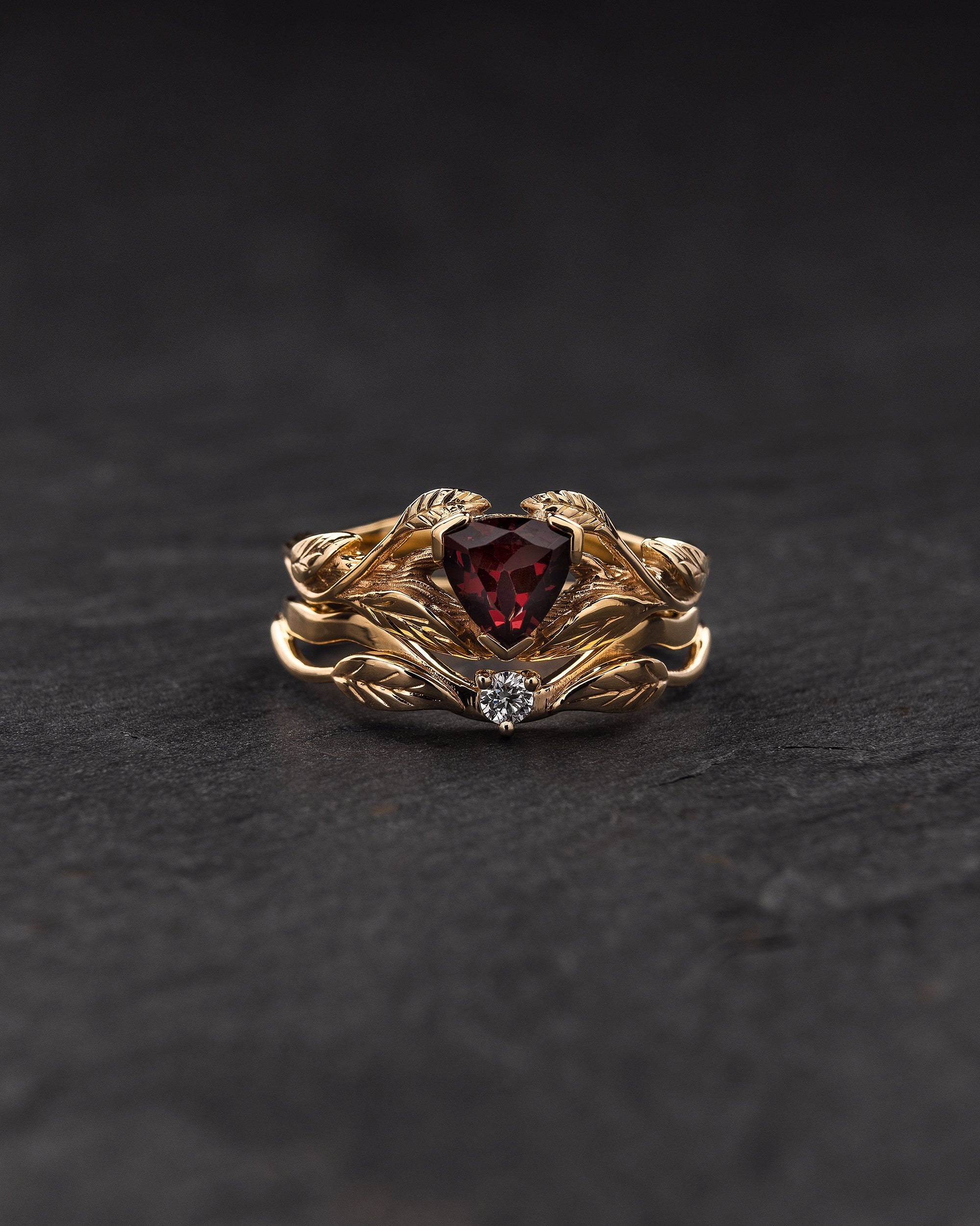 Gold branch ring with leaves, trillion cut engagement ring