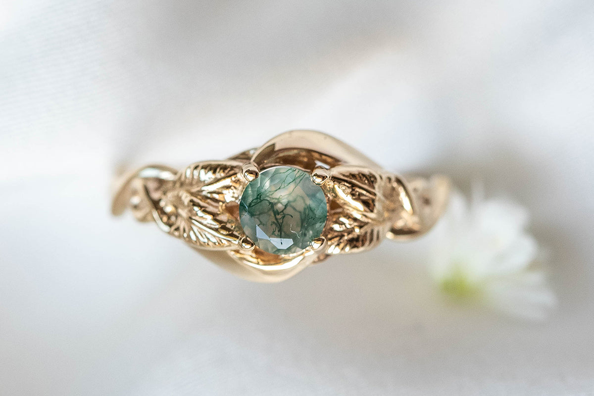 Teardrop Emerald Engagement Ring, Gold Leaves Ring / Azalea