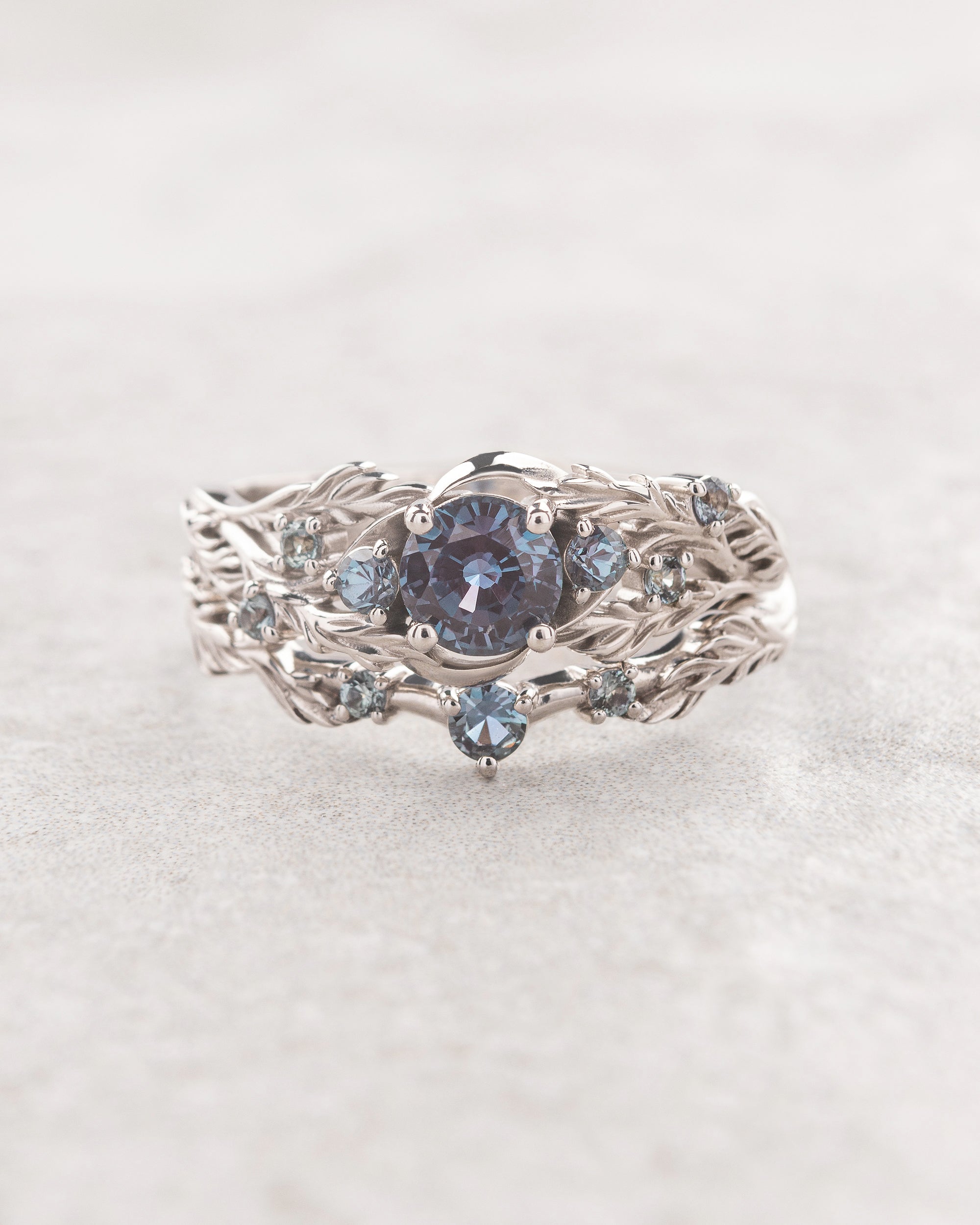 alexandrite engagement ring with leaves