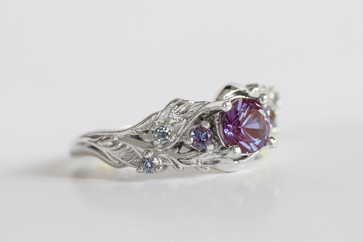 alexandrite engagement ring with leaves