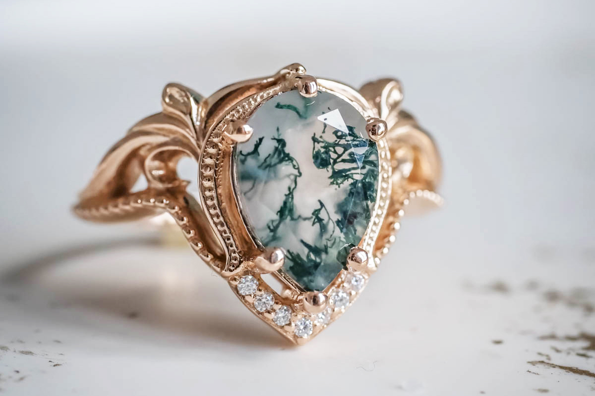 nature inspired moss agate engagement rings
