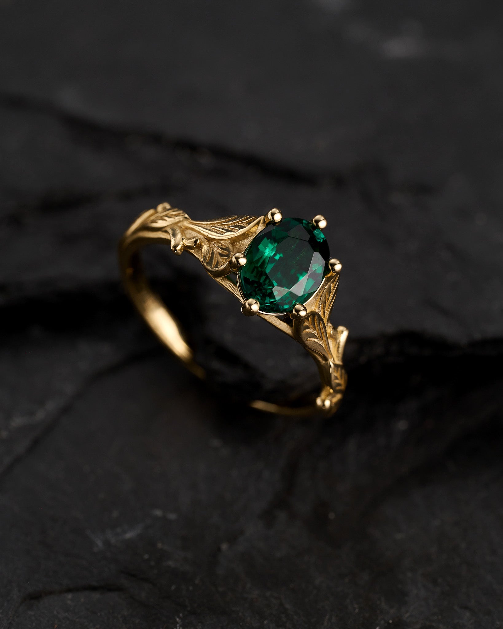 Leaf and vine engagement ring, oval emerald gold ring
