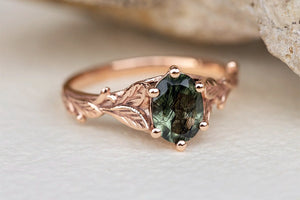 Leaf and vine engagement ring, oval emerald gold ring