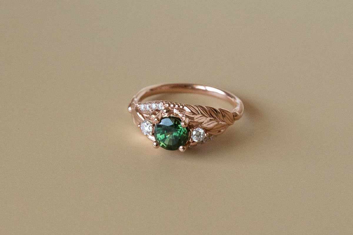 Green Emerald Trapezoid Side Diamonds Engagement Ring | Reve Diamonds