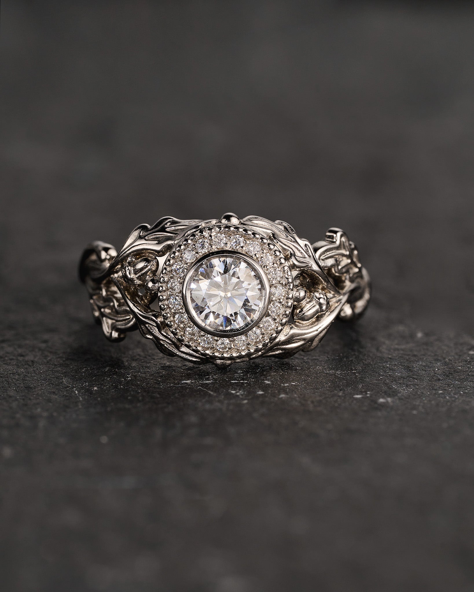 Diamond halo ring, oak leaves engagement ring