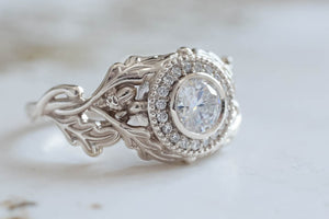 Diamond halo ring, oak leaves engagement ring