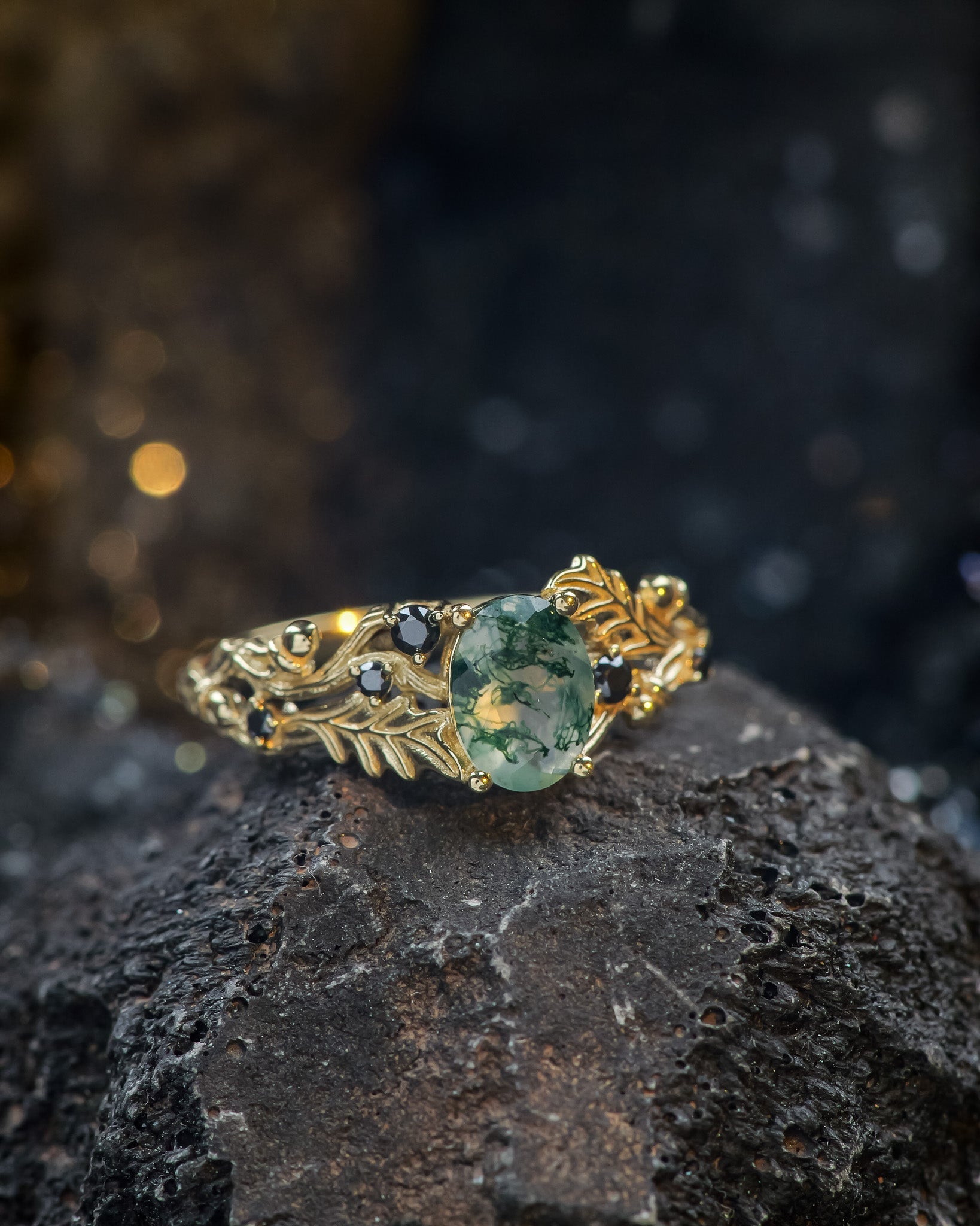 Oak leaves gold engagement ring, oval cut gemstone ring
