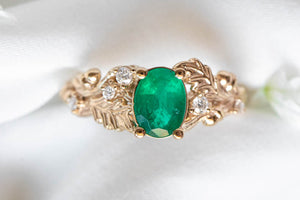 Oak leaves gold engagement ring, oval cut gemstone ring