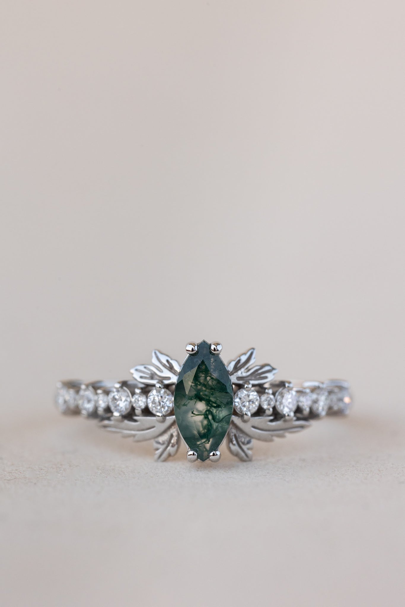 Natural moss agate engagement ring with diamonds, nature inspired gold leaf ring / Verbena