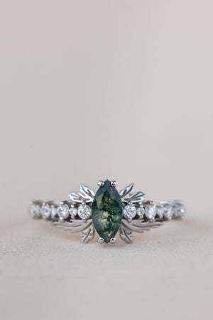 Natural moss agate engagement ring with diamonds, nature inspired gold leaf ring / Verbena